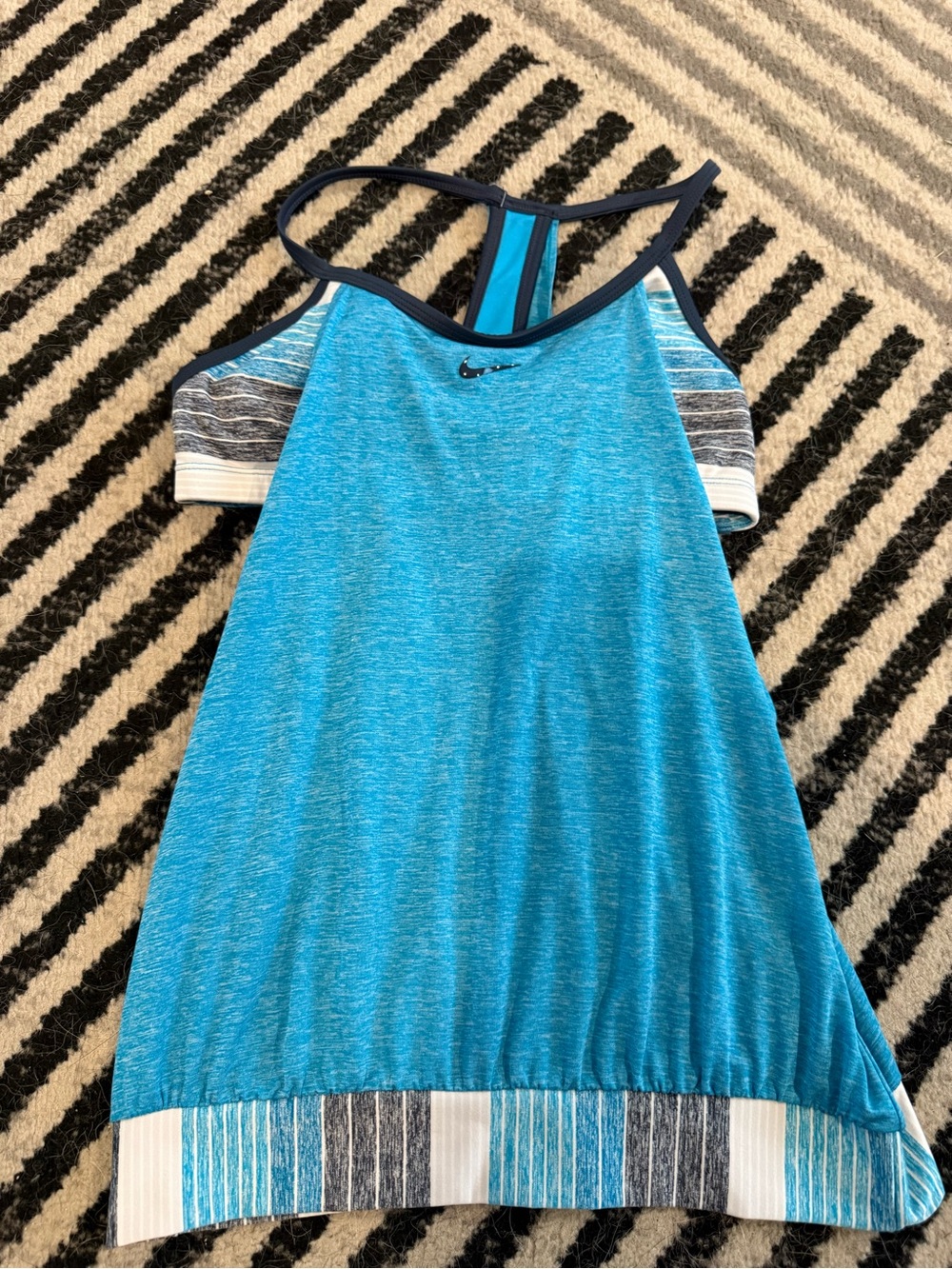 Nike Blue Athletic Tank with Navy Trim and Striped Hem